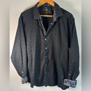 Au Noir Black Label Men’s Flip Cuff Button Up Shirt Woven Jacquard 6 Pinstripes